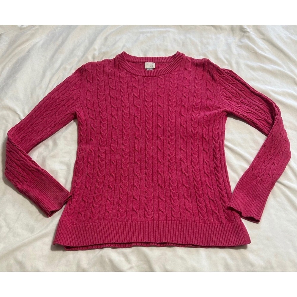 A New Day Pink Cable Knit Sweater Womens Medium Crew Neck Long Sleeve Pullover